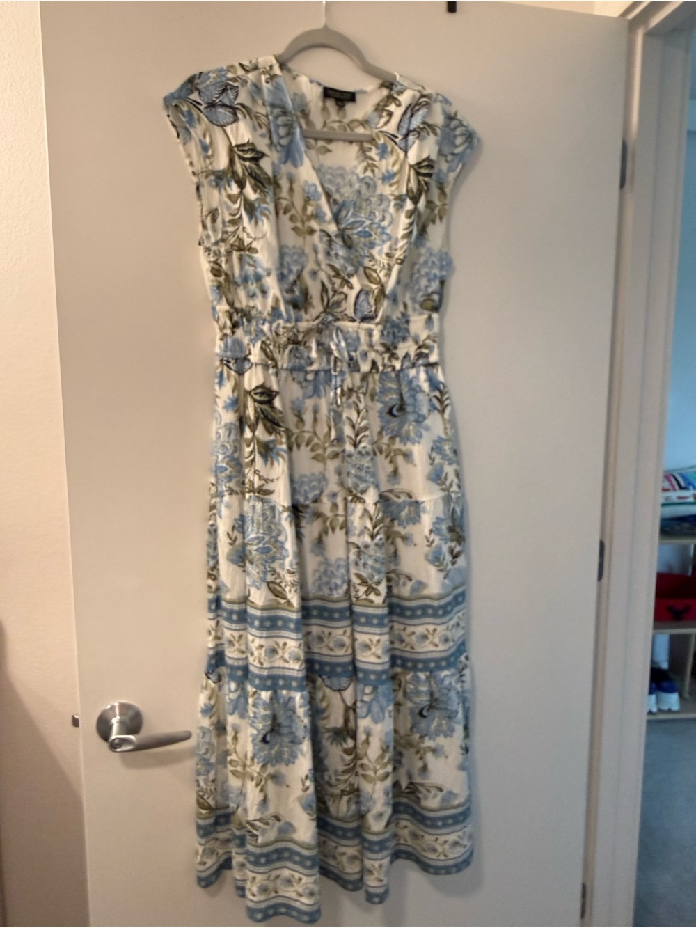Rachel Zoe White Maxi Dress with Blue and Green Floral Print